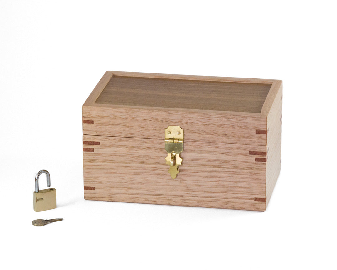 Small wooden lockable trinket box handcrafted from Australian Spotted Gum and Victorian Ash timbers