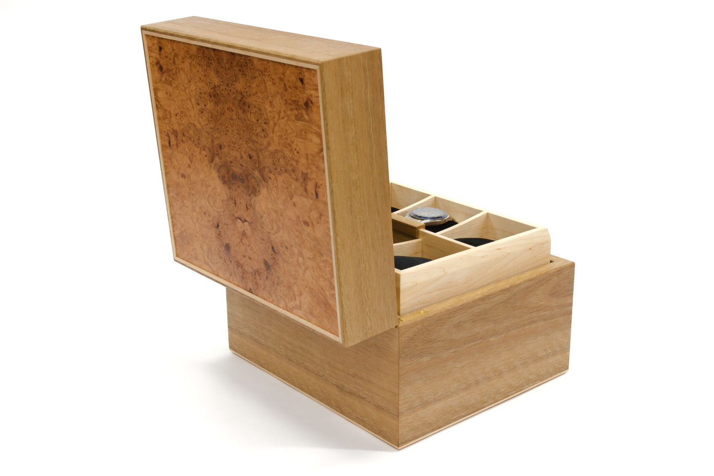 Spotted Gum and Maple Burl 12-partition watch box