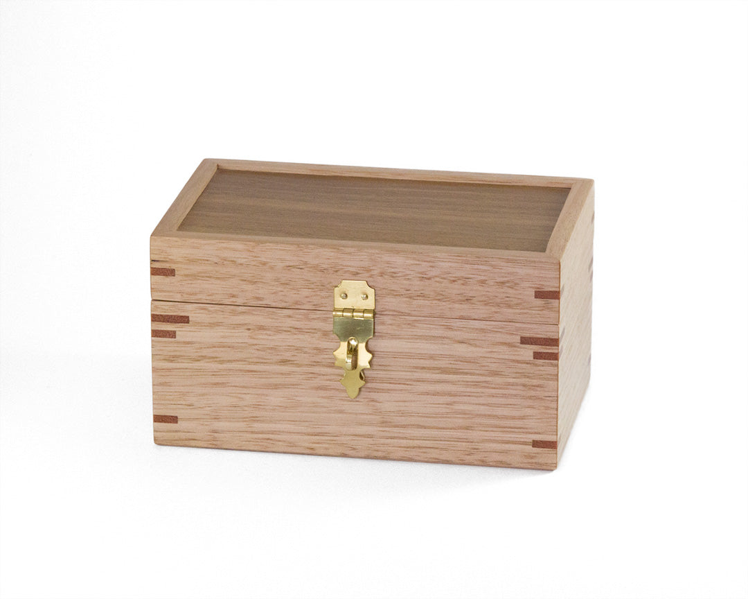 Small wooden lockable trinket box handcrafted from Australian Spotted Gum and Victorian Ash timbers