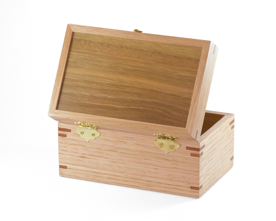 Small wooden lockable trinket box handcrafted from Australian Spotted Gum and Victorian Ash timbers