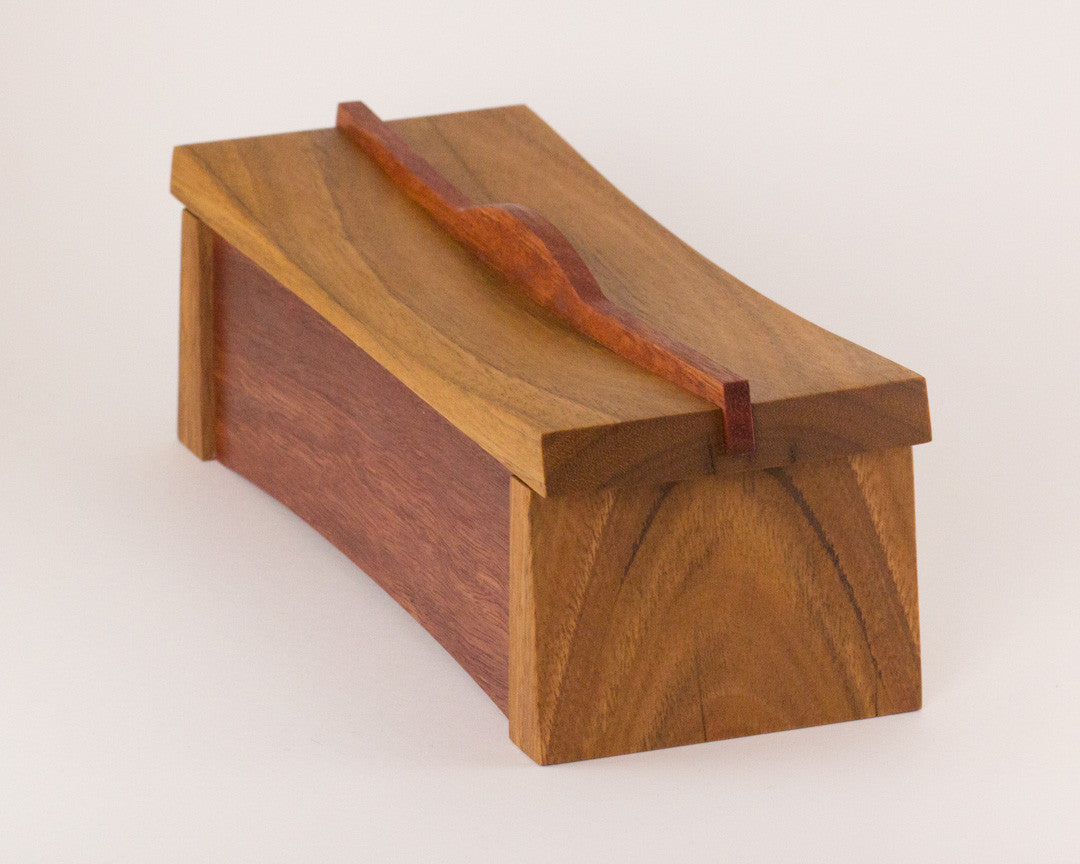 Asian inspired wooden keepsake box handcrafted from Australian Spotted Gum and Jarrah